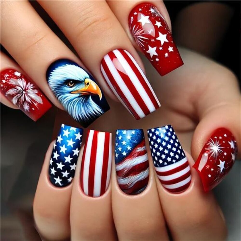 4th of July Press on Nails Medium Square Fake Nails Independence Day 24 Pieces